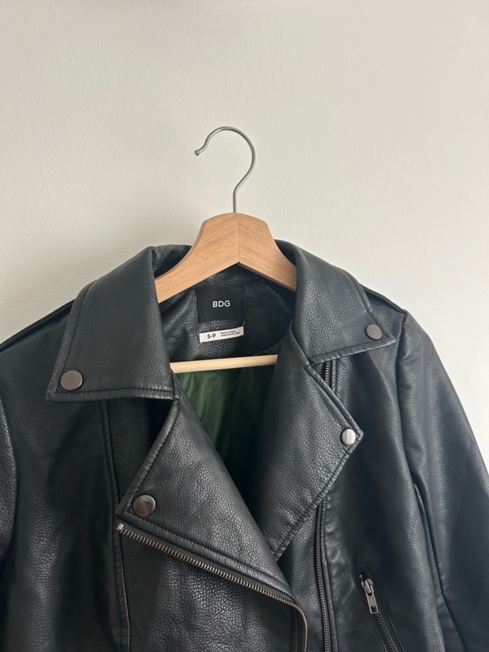 BDG Black Faux Leather Moto Jacket with Green Lining